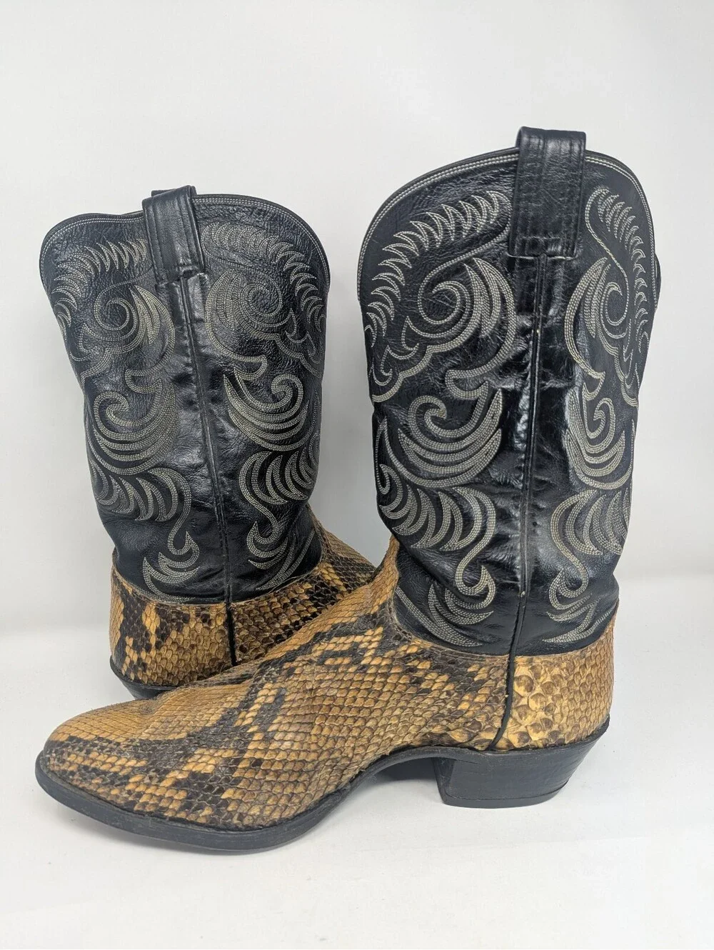 Olathe Snakeskin Python Cowboy Western Boots Mens 13 USA Black Gold Leather Show